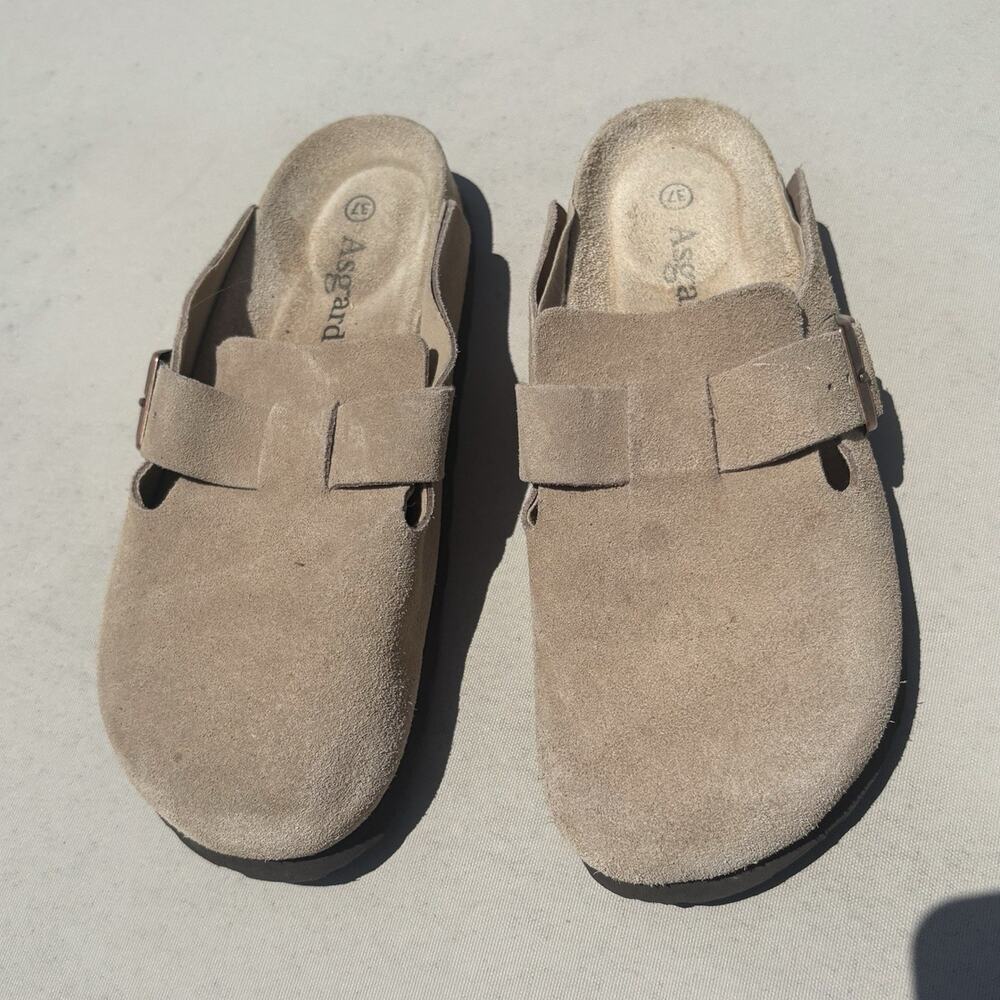 Asgard Men's Suede Slip-On Sandals Buckle Beige Cork Insole EU 37